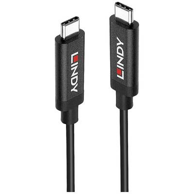 Na slici je crni USB-C kabel s crvenim i bijelim 'LINDY' logotipima na utičnicama.
