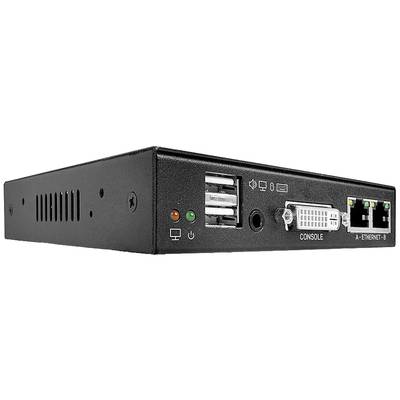 Crni mrežni uređaj s više priključaka, uključujući USB, DVI, serijski i Ethernet, prikazan je sa strane.