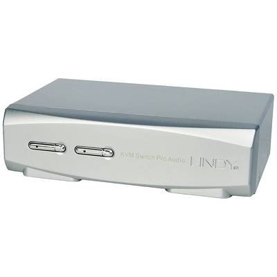 Srebrni KVM preklopnik tvrtke Lindy s natpisom 'KVM Switch Pro Audio'. Uređaj služi za prebacivanje između više računala.