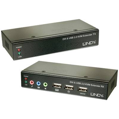 KVM proširivač za DVI i USB 2.0 s dva uređaja. Gornji uređaj prikazuje 'TX', donji 'RX'. Oba uređaja imaju priključke i LED indikatore za napajanje i vezu.