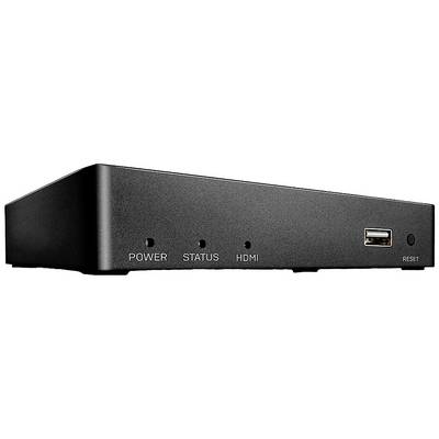 Crna set-top kutija s priključcima: Napajanje, Status, HDMI, USB, Reset.