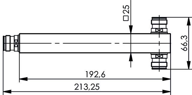 Tehnički nacrt cijevi s prirubnički spojevima. Dimenzije: duljina 213,25 mm, širina 66,3 mm, visina 25 mm.