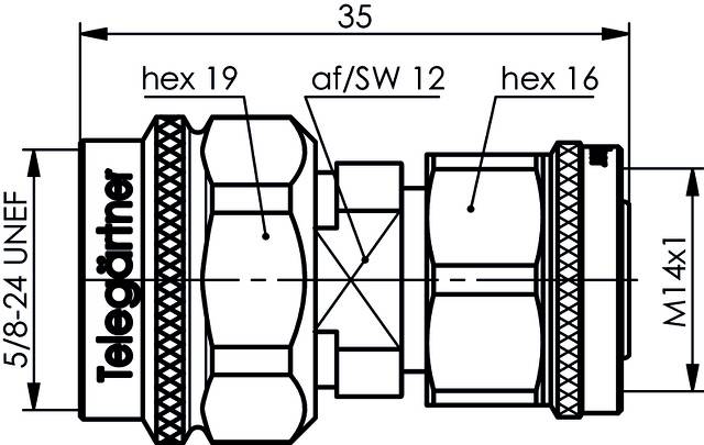 Tehnički nacrt konektora tvrtke Telegärtner, prikazuje mjere i tip navoja: '5/8-24 UNEF', 'M14x1', širine ključa 'hex 19', 'af/SW 12', 'hex 16'.