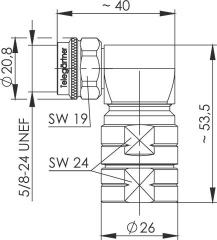 Tehnički nacrt kutnog priključka s mjerama: ukupna duljina ~40 mm, vanjski promjer 26 mm, navoj 5/8-24 UNEF.