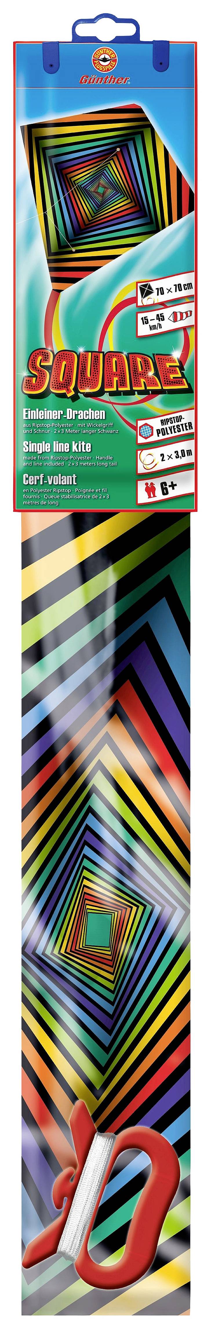 Paket zmaja u dizajnu kvadrata sa šarenim prugama. Sadrži podatke o veličini: 60x60 cm, prikladan za djecu od 8 godina i starije.