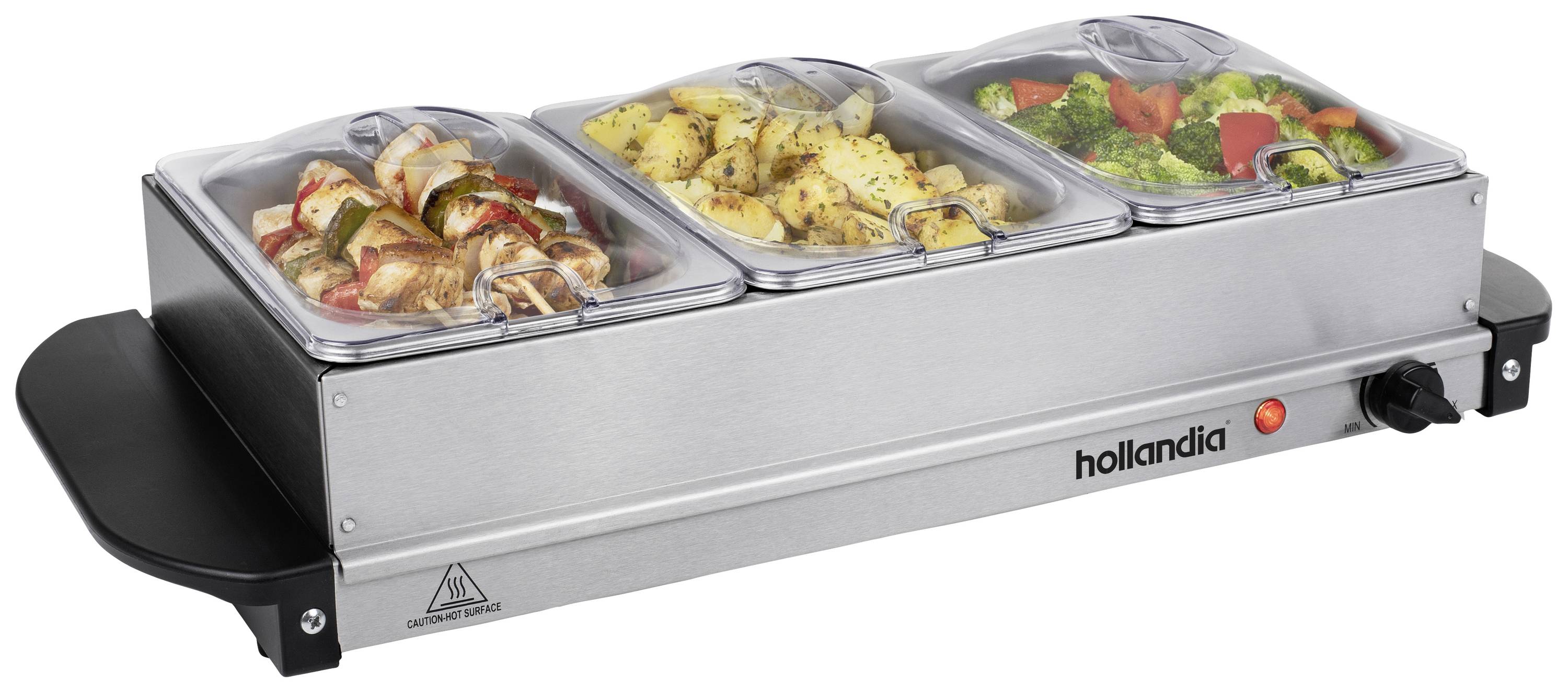 Grijač za buffet s tri posude, napunjene ražnjićima, krumpirom i povrćem. Marka 'Hollandia' je vidljiva na prednjoj strani.