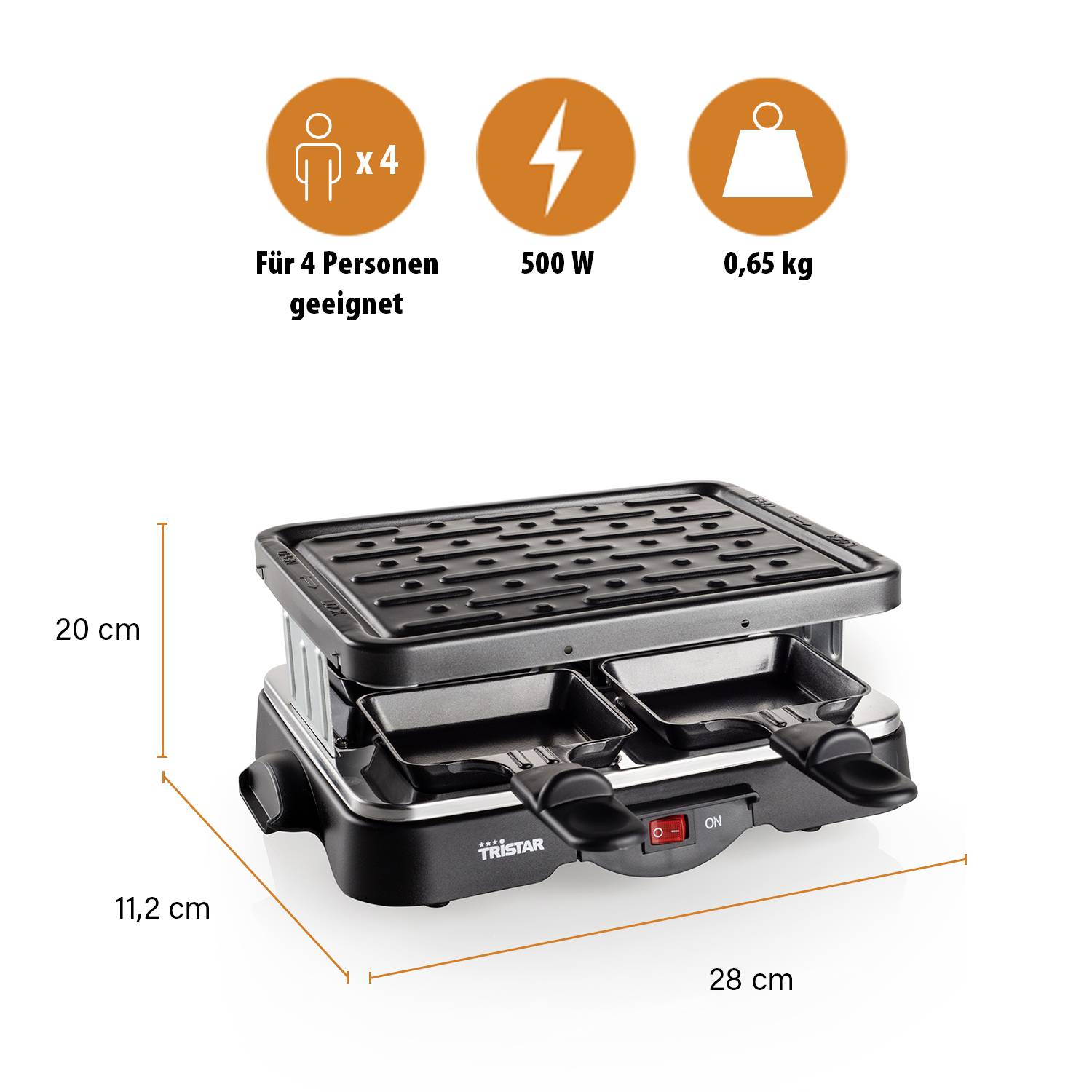 Kompaktni raclette roštilj, pogodan za 4 osobe, 500 W, težak 0,65 kg. Dimenzije: 28 cm x 20 cm x 11,2 cm.