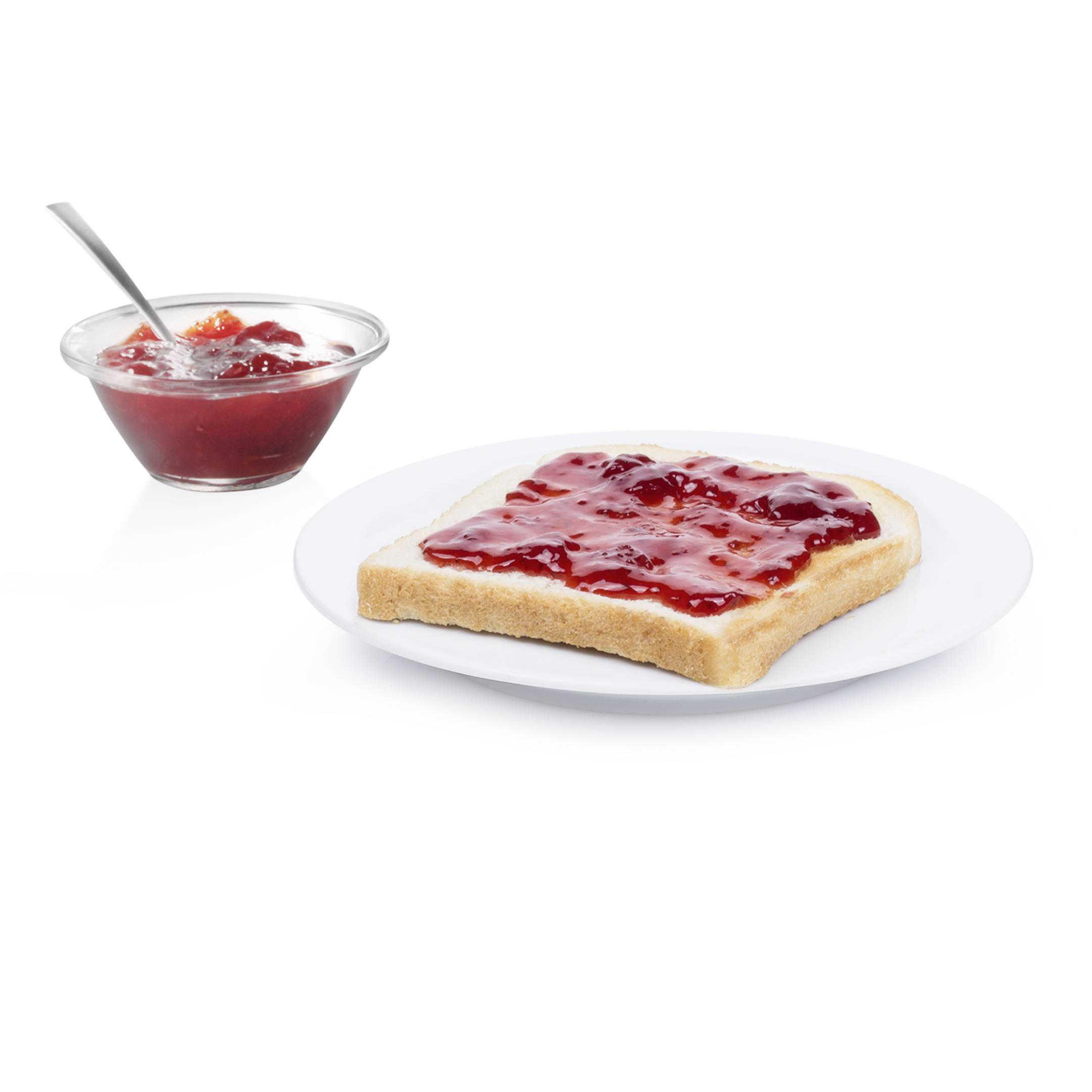 Tanjur s kriješkom tosta premazanom crvenom marmeladom. Pored stoji zdjela s dodatnom marmeladom i žlicom.
