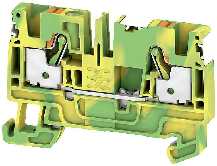 Zeleni i žuti nosač rednih stezaljki izrađen od plastike s metalnim kontaktima, namijenjen upotrebi u električnim ormarima.