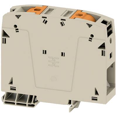Plastični priključni blok u bež boji s narančastim dijelovima za električne spojeve. Pogodan za montažu na DIN šinu.