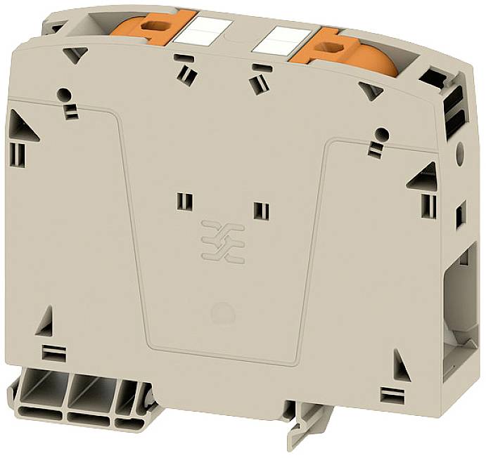 Sivi priključni blok s dva narančasta aktivatora, pogodan za ugradnju na DIN šinu u elektroničkim sklopovima.