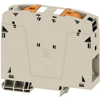 Sivi priključni blok s dva narančasta aktivatora, pogodan za ugradnju na DIN šinu u elektroničkim sklopovima.