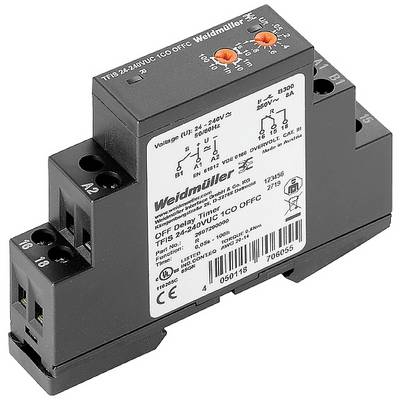 Elektronsko vremensko relej od Weidmüllera s različitim priključcima i dva narančasta okretna regulatora za podešavanje.