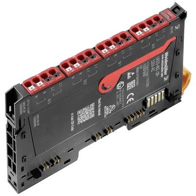 Elektronički komponenterski dio s nekoliko crvenih priključaka i oznaka, pogodan za montažu na DIN šinu.