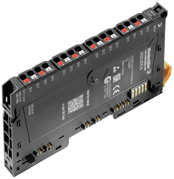 Industrijski senzorski modul za montažu s 8 PNP digitalnih izlaza, od Weidmüllera, model UR20-SDO 08A-PLC, s tehničkim specifikacijama.