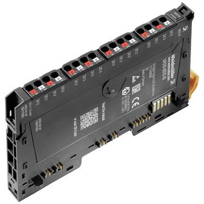 Industrijski senzorski modul za montažu s 8 PNP digitalnih izlaza, od Weidmüllera, model UR20-SDO 08A-PLC, s tehničkim specifikacijama.