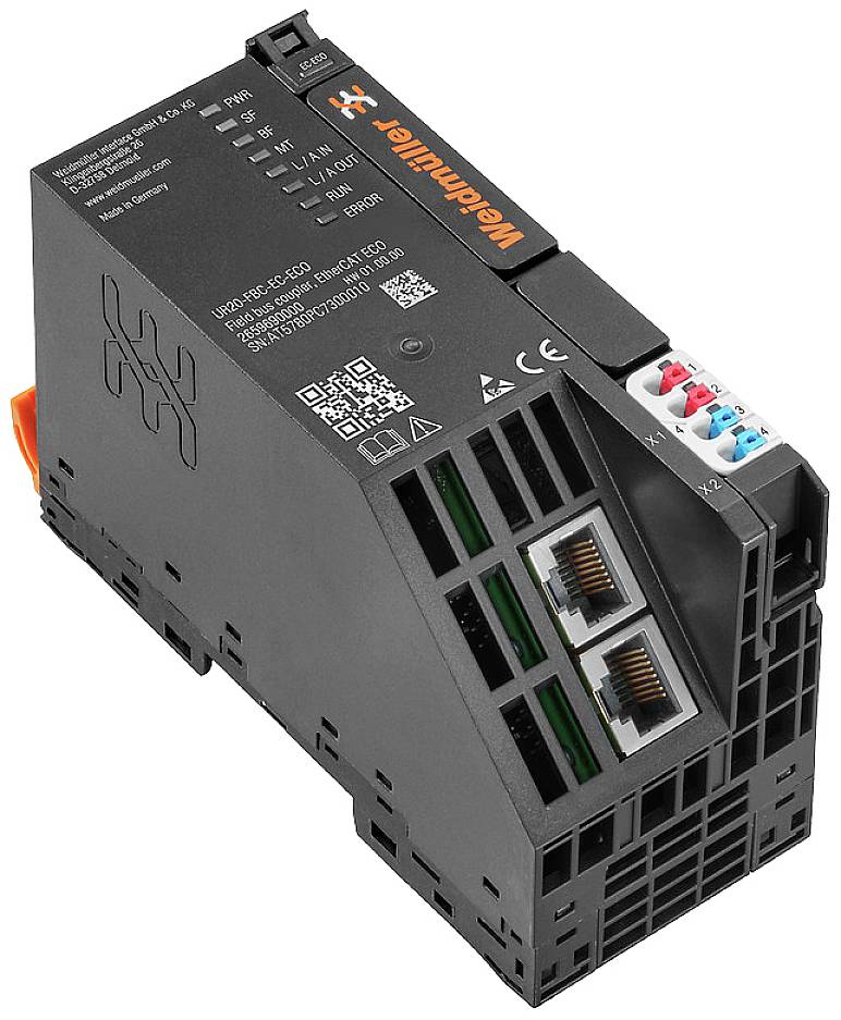 Automatizacijski modul s dva Ethernet porta i višebojnim priključcima. Weidmüller logo gore desno.