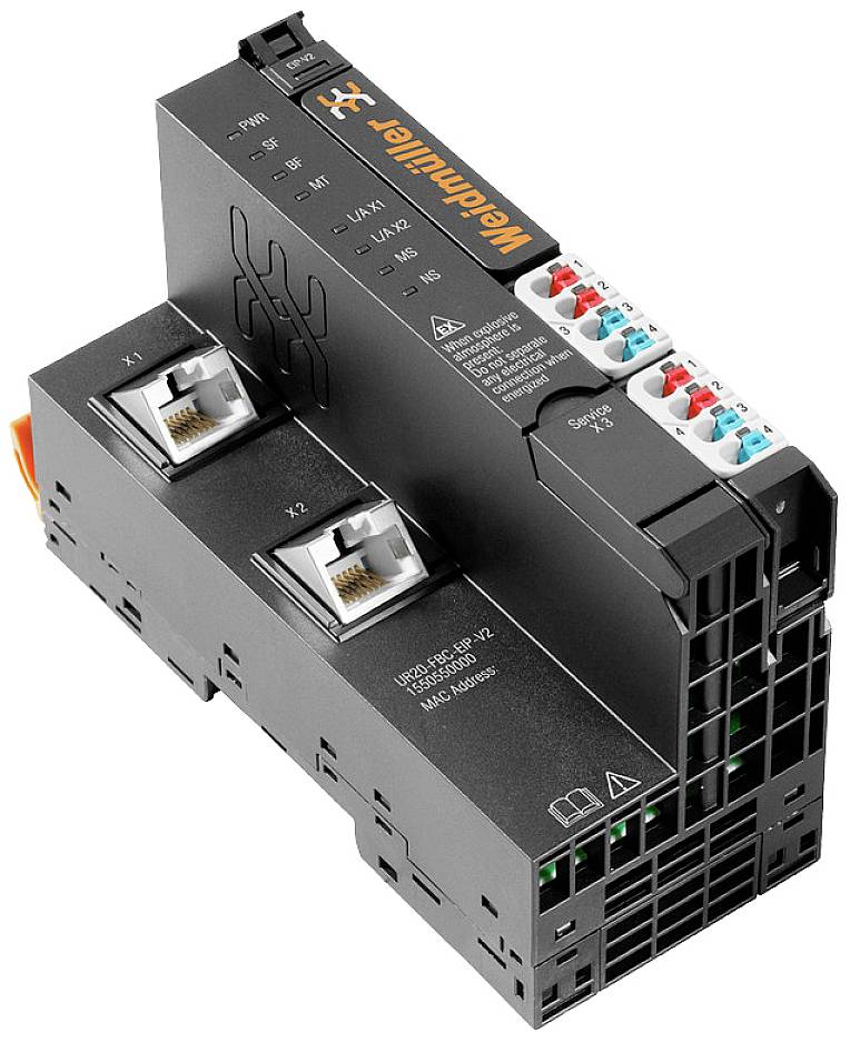 Industrijski automatizacijski modul s dva Ethernet porta i priključcima u boji, korišten za upravljanje i umrežavanje uređaja.