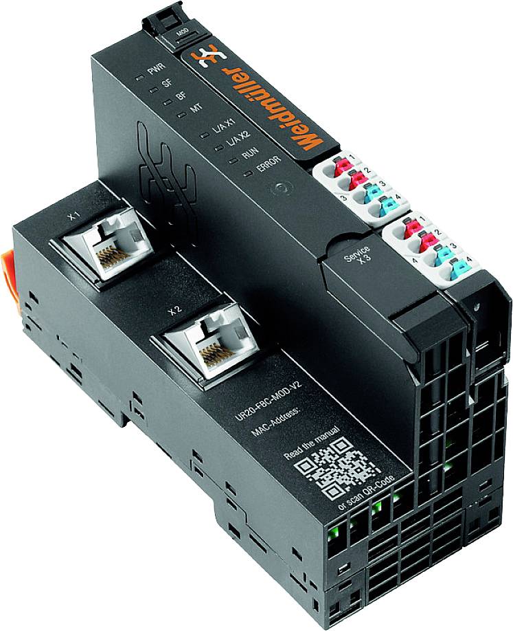 Weidmüller U-Remote I/O modul s Ethernet priključcima i LED indikatorima za status i pogreške, pogodan za industrijske primjene.