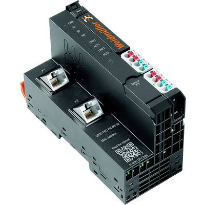 Industrijski komunikacijski modul za razvodni ormar s dva Ethernet porta, priključcima u boji i logotipom proizvođača na vrhu.