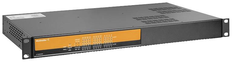 Crni, pravokutni elektronički uređaj s narančastom upravljačkom pločom, nekoliko priključaka i ventilacijskih otvora.