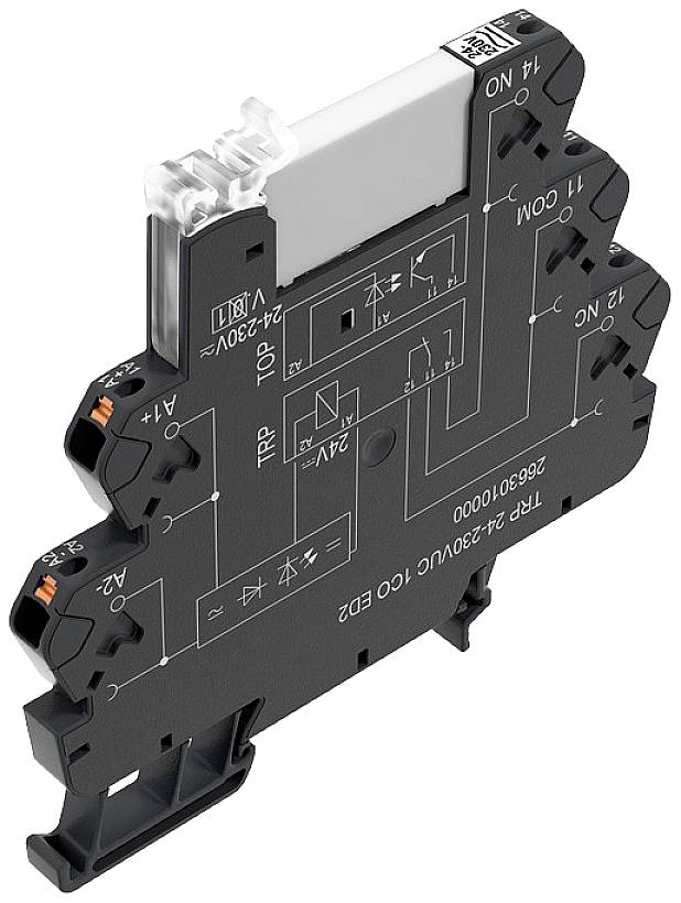 'Slimmes, modularni relejev modul s LED indikatorom za napon 24-230V AC/DC. Oznake i priključci na površini.'