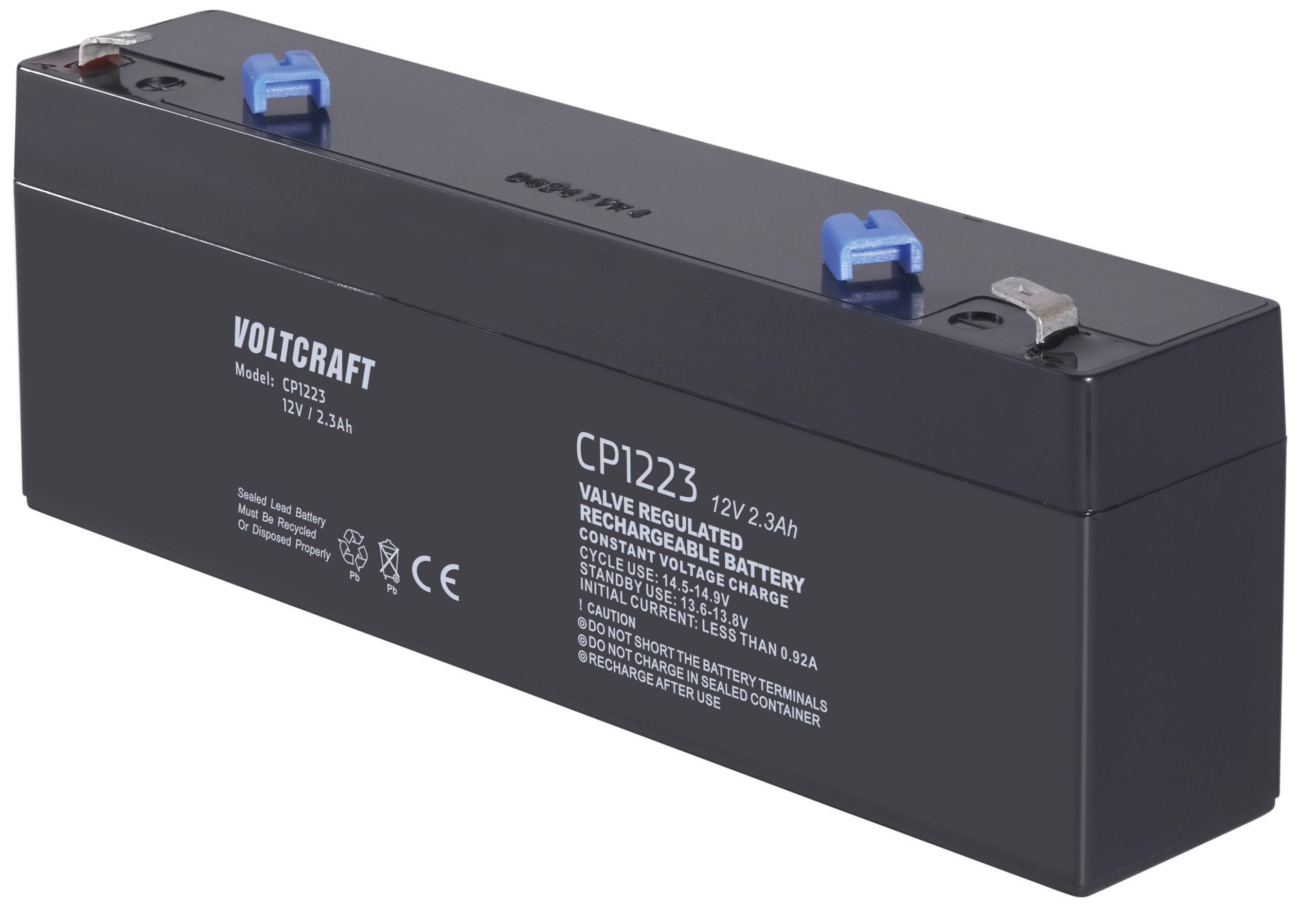Crni akumulator VOLTCRAFT-a, model CP1223, 12V, 2.3Ah, s plavim i crvenim utičnicama na vrhu, pogodan za napajanje u hitnim situacijama.