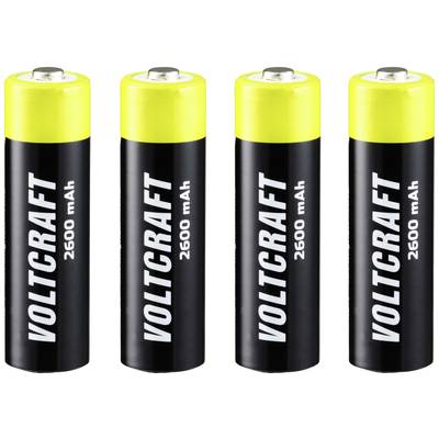 Četiri crne baterije sa žutim vrhovima, označene natpisom 'VOLTCRAFT 2600 mAh', stoje jedna do druge u nizu.