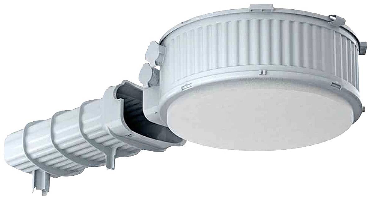 Okrugla, siva LED ulična rasvjeta s reljefnim uzorkom na kućištu i poklopcem od opaliziranog plastičnog materijala.