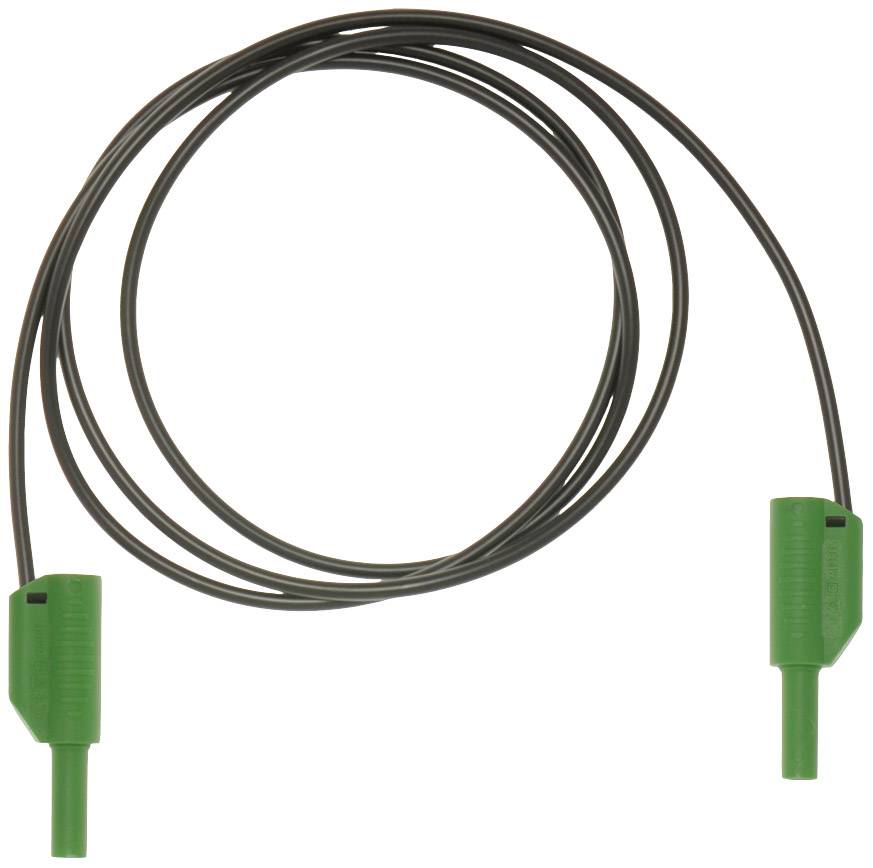 Zeleni električni kabel s dva priključka na krajevima, namotani i položeni na bijelu površinu.