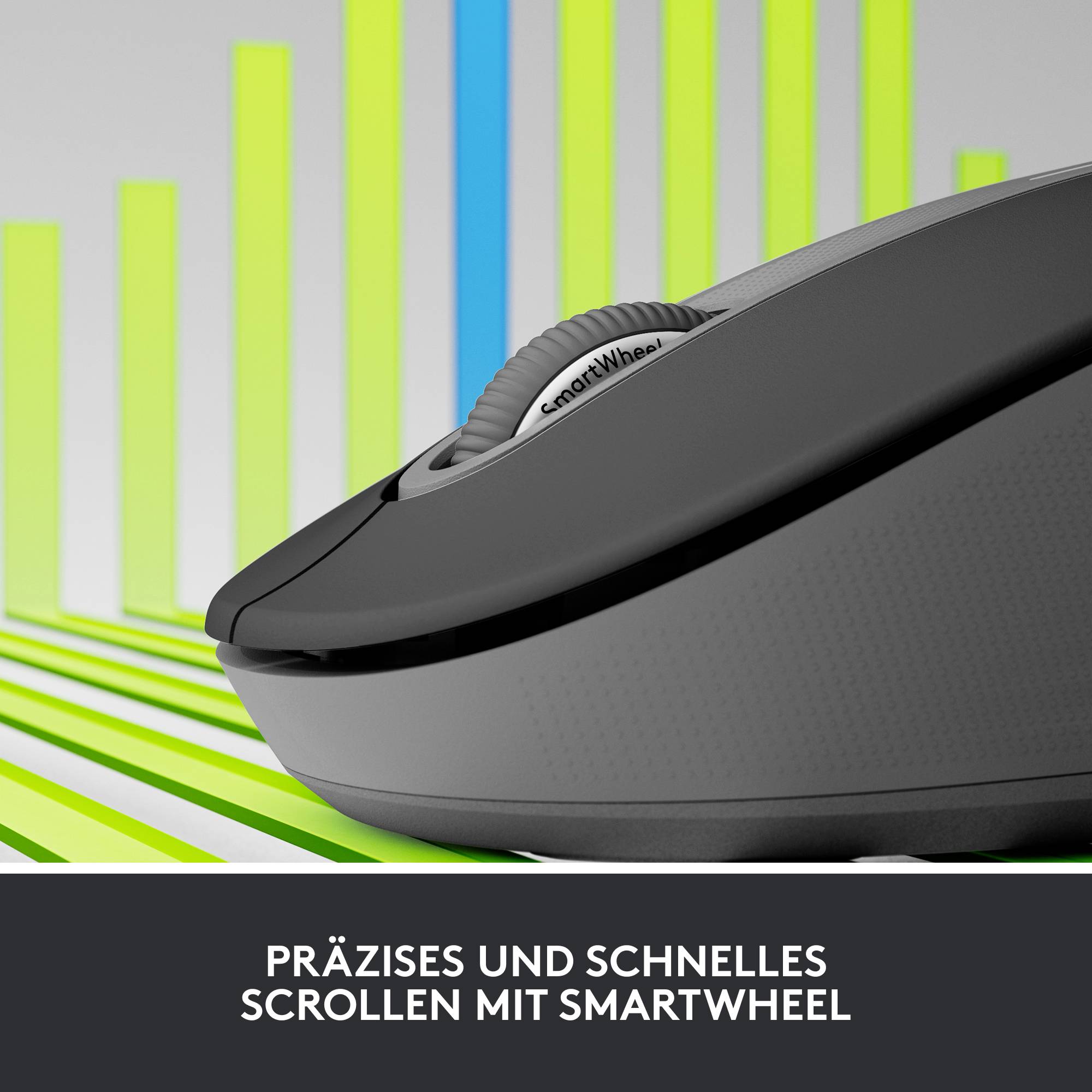 Oglas prikazuje računalski miš s natpisom 'Precizno i brzo klizanje pomoću SmartWheel-a'. Dizajniran je moderno i ergonomski.