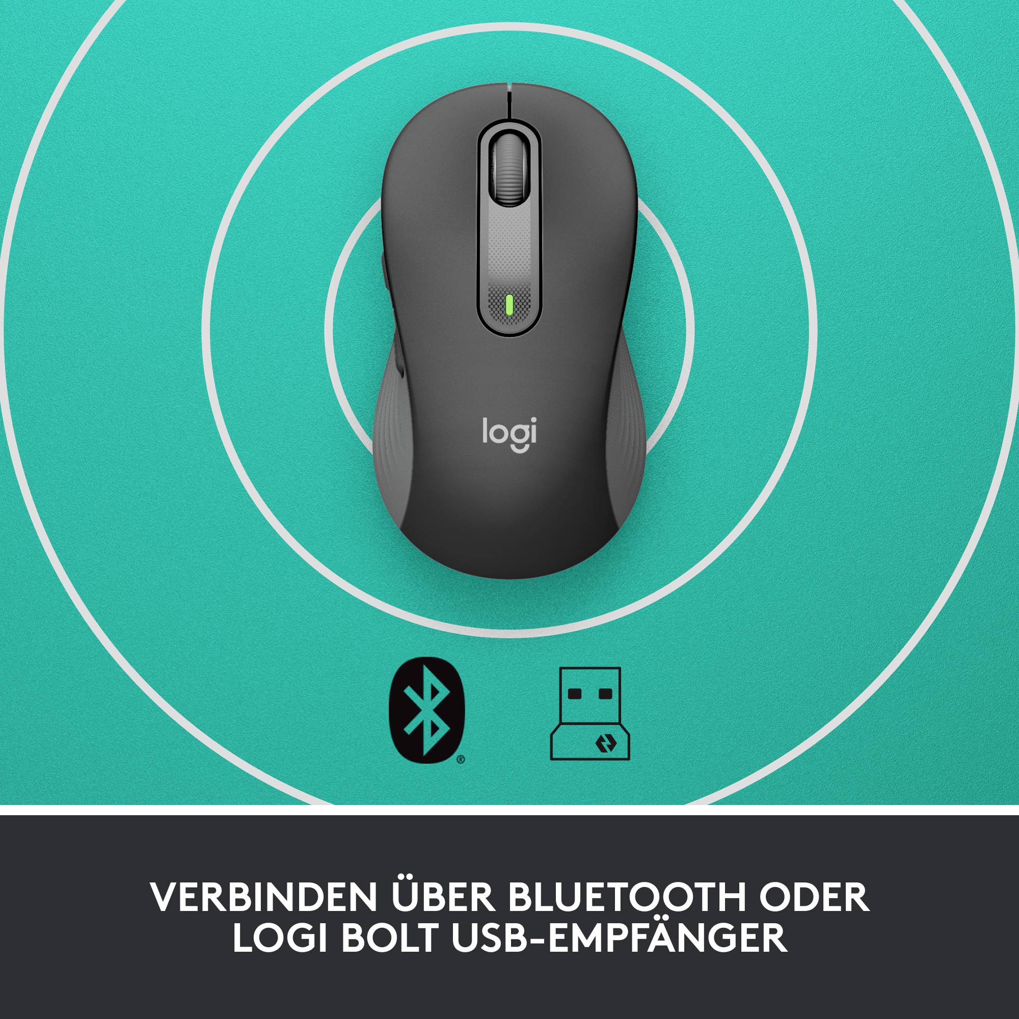 Crna računalna miš s 'logi' logotipom, okružena plavim krugovima. Mogućnosti povezivanja: Bluetooth ili USB prijemnik.