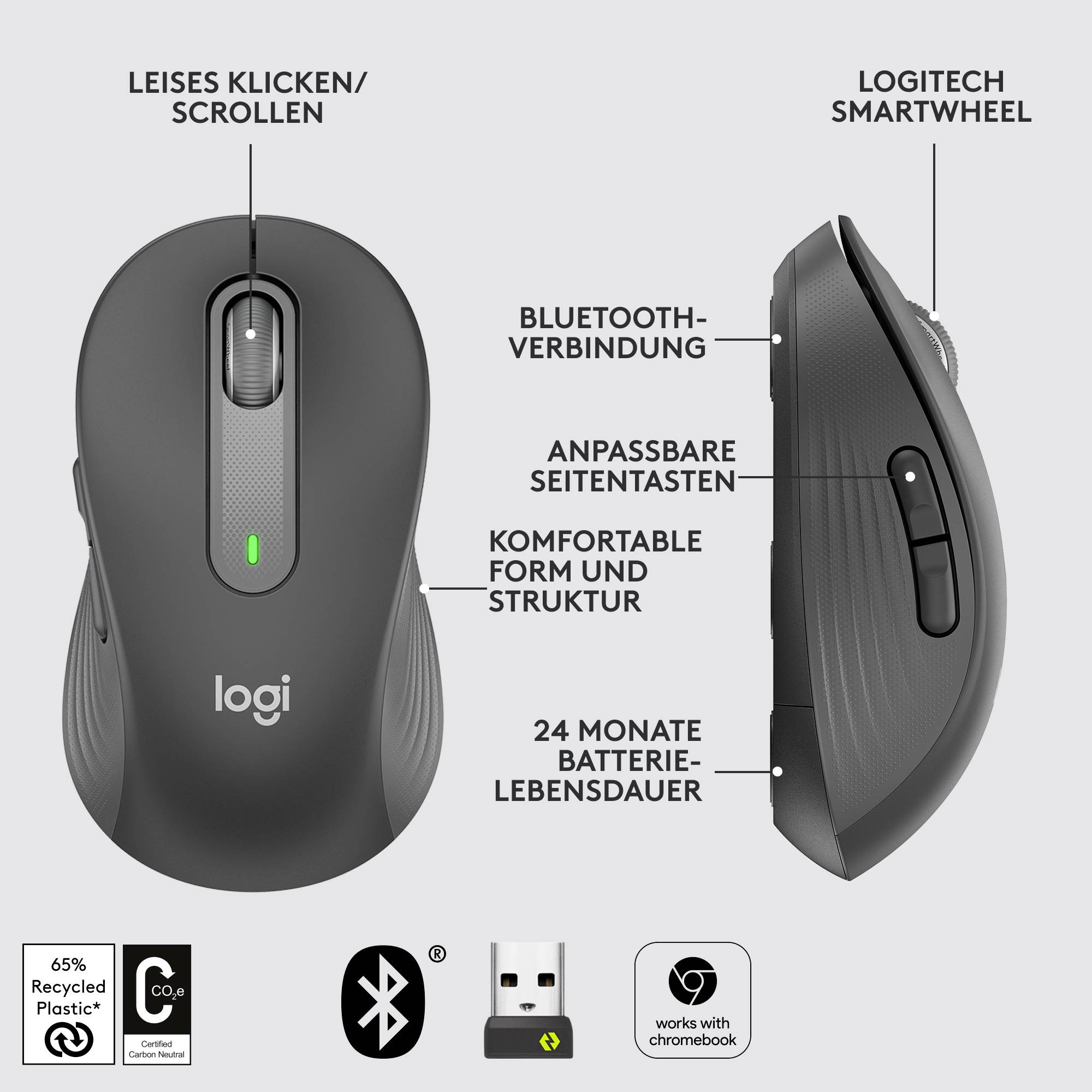 'Logitech miš sa SmartWheel-om, tiho klikanje i pomicanje, Bluetooth, prilagodljive bočne tipke, trajanje baterije od 24 mjeseca.'
