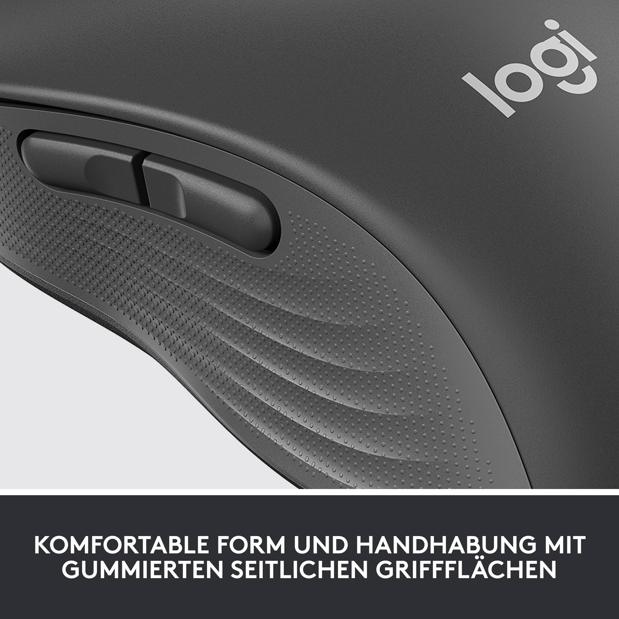 Crna ergonomska računalna miš s gumiranim bočnim površinama, logo 'logi'. Tekst ispod: 'Udoban oblik i rukovanje s gumiranim bočnim hvatištima'.