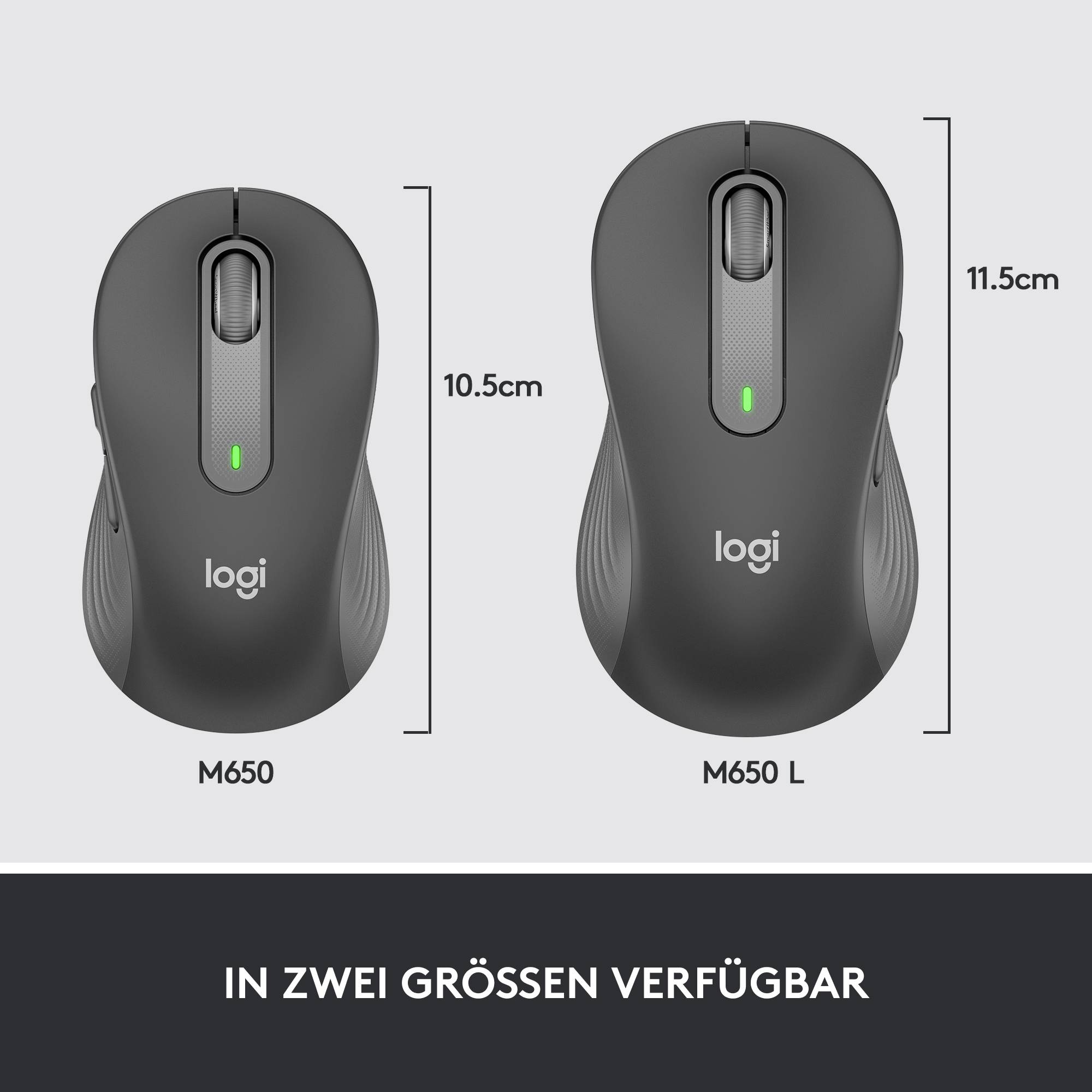 Dvije računalne miške marke 'Logi', model M650, u različitim veličinama: 10,5 cm i 11,5 cm. Tekst: 'Dostupne u dvije veličine'.