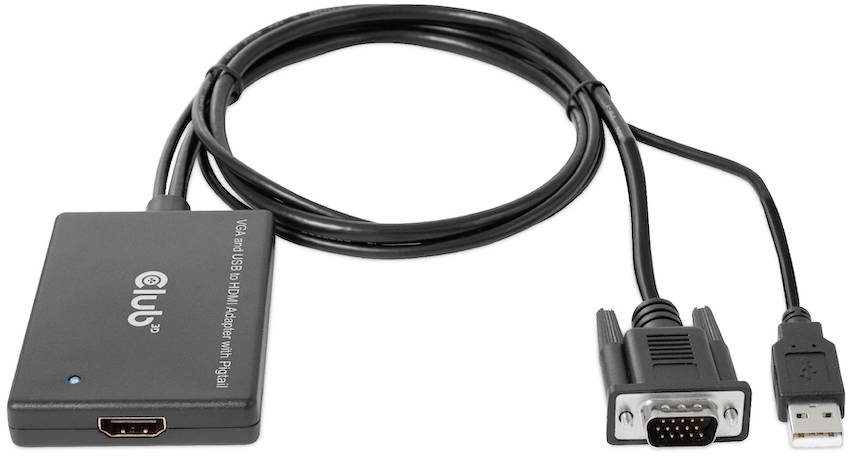 Crni sjajni adapter: HDMI priključak na VGA kabel s USB priključkom za napajanje. Povezuje HDMI uređaje s VGA monitorima.