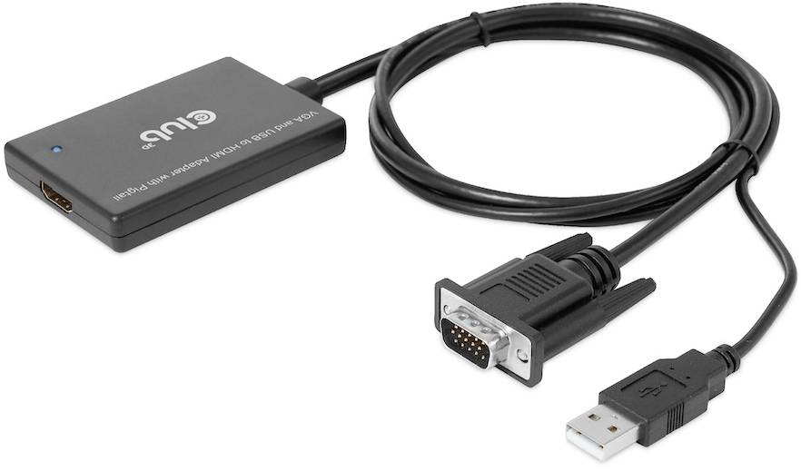 Crni USB-na-VGA adapter s kabelom. VGA utikač je vidljiv pored USB utikača. Proizvod za povezivanje uređaja.