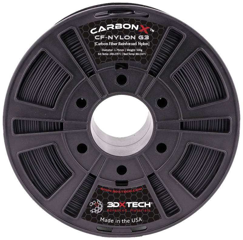 Špula s crnim 3D-printnim filamentom 'CarbonX CF-Nylon' tvrtke 3DXTech, pojačana ugljičnim vlaknima, težine 500g, iz SAD-a.