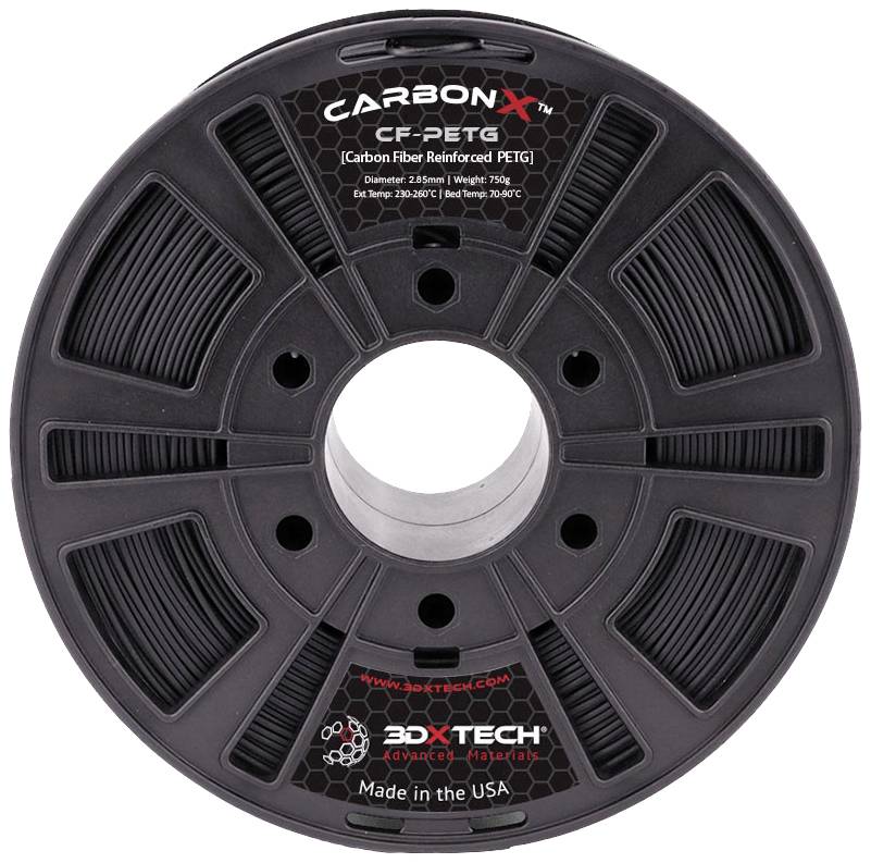 Špula s 3D-printnim filamentom 'CarbonX CF-PETG', materijal ojačan ugljičnim vlaknima, težina 750g, promjer 1,75mm, crna, od 3DXTECH.
