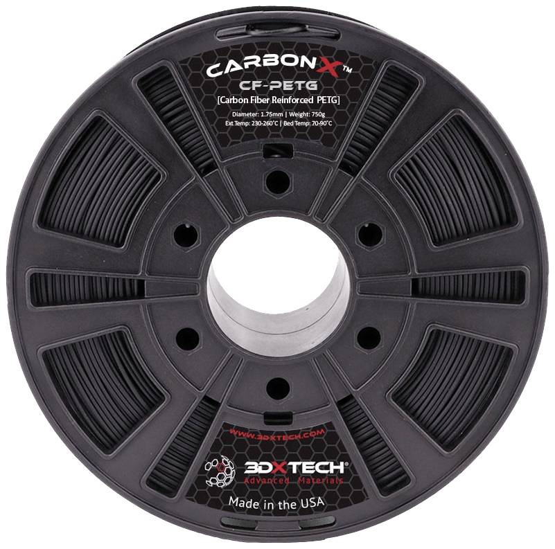 Rola 3D-printnog filamenta s natpisom 'CARBONX CF-PETG'. Pogodna za 3D printanje, ojačana ugljičnim vlaknima PETG. Napravljeno u SAD-u.