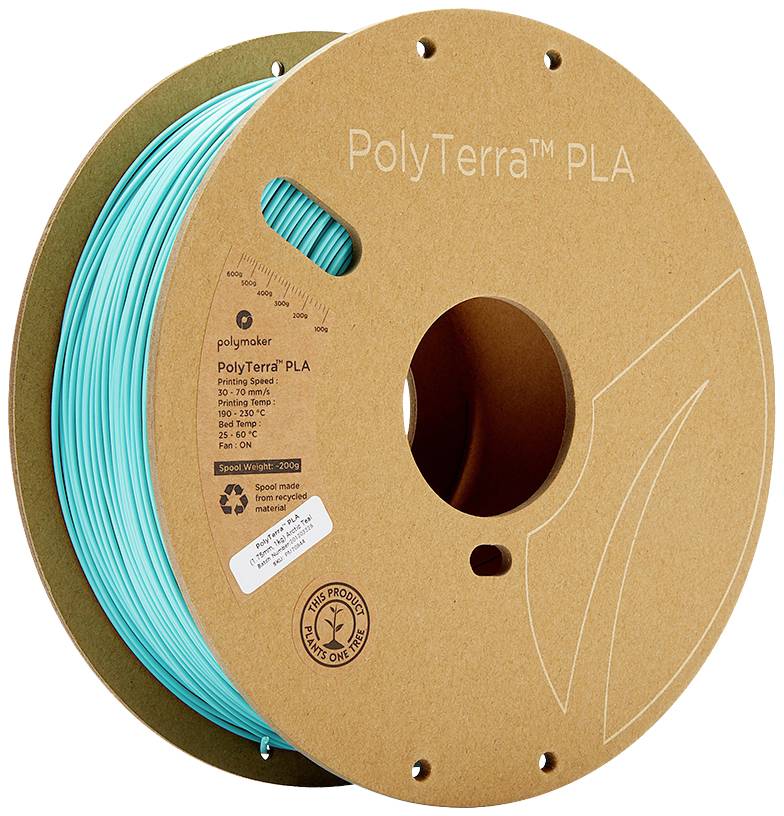 Kotač s tirkiznim 3D pisač filamentom iz PolyTerra PLA od Polymakera. Kotač i materijal su biorazgradivi.
