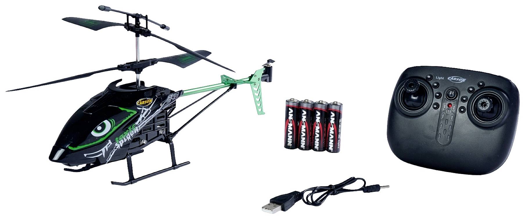 Igračka helikopter na daljinsko upravljanje, četiri AA baterije i USB punjač na bijeloj pozadini.