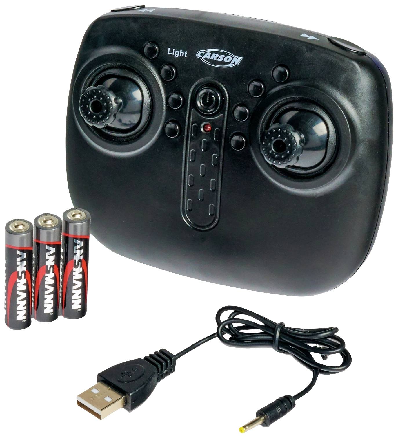 Crni kontroler daljinskog upravljanja s dva joysticka. Pored njega leže tri AA baterije i USB punjač.