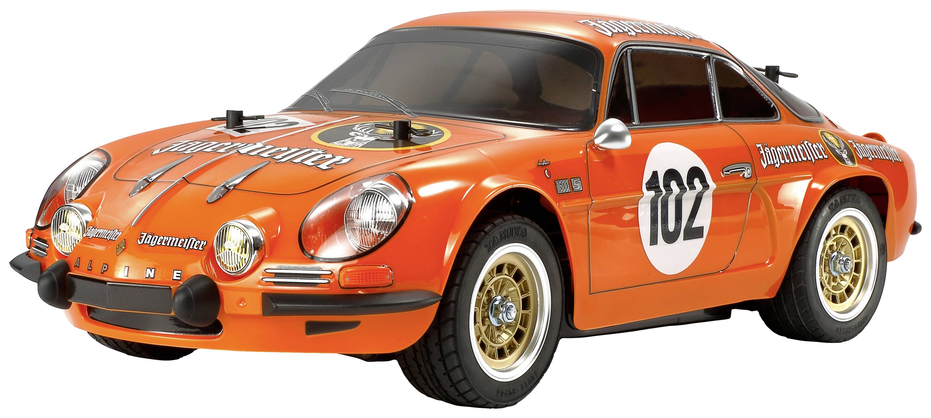 Narančasti modelirani automobil s brojem '102' sa strane, ukrašen logotipima 'Jägermeister'-a, simbolizira trkaći automobil.