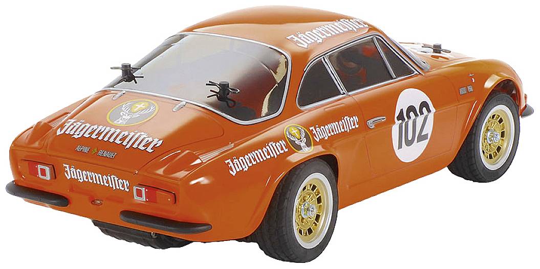 Narančasti modelni automobil s natpisom 'Jägermeister' i startnim brojem 102 na vratima, prikazan straga s lijeve strane.