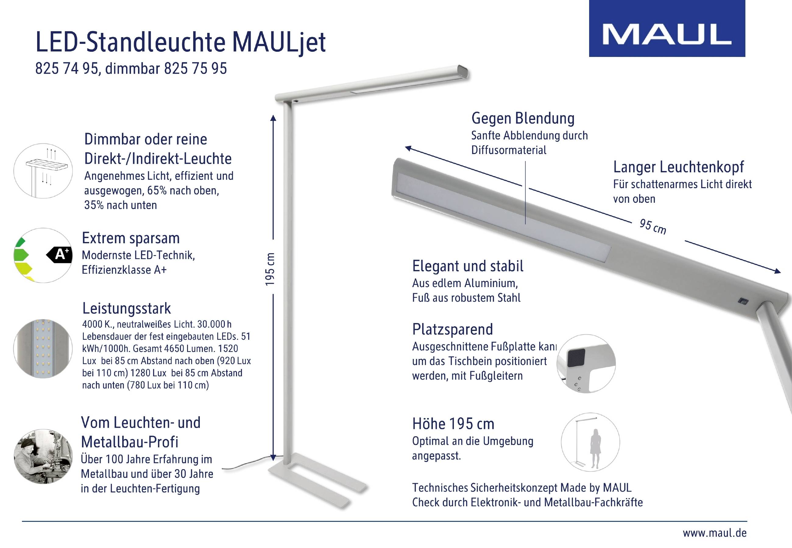 Opis produkta LED stojeće lampe MAUULjet: Prigušiva sa modernim, učinkovitim LED dizajnom, elegantna i prostorno uštedljiva, visina 195 cm.