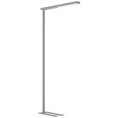 Samostojeća lampa modernog dizajna sa tankim, ravnim postoljem i pravokutnim, plosnatim sjenilom u srebrnoj boji.