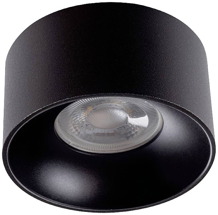 Crna, okrugla stropna lampa s integriranim LED reflektorom koja ravnomjerno raspodjeljuje svjetlo prema dolje. Idealna za moderne interijere.