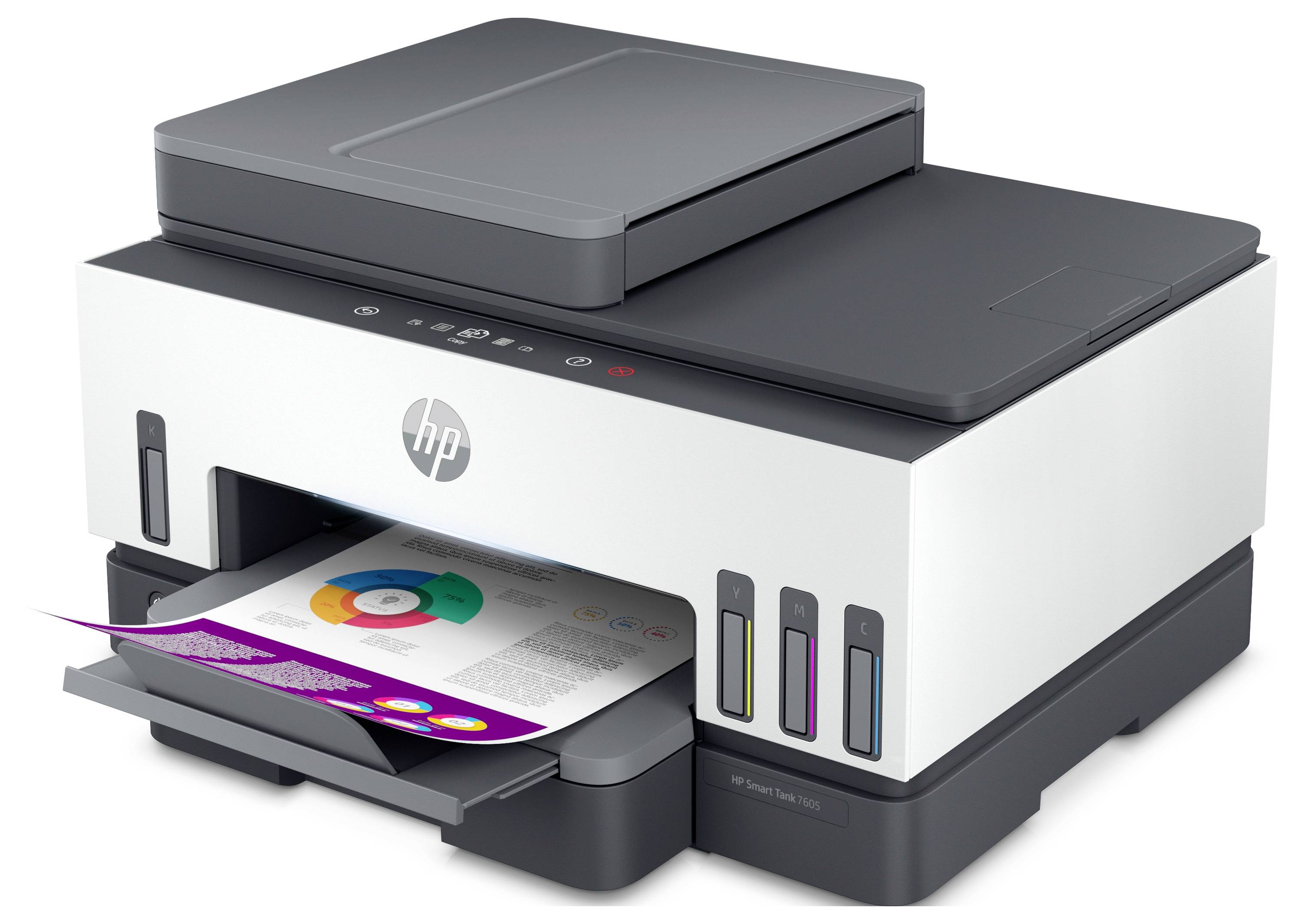 HP multifunkcionalni printer skenira színnu stranicu na staklenoj ploči dok ispisuje dokument iz izlazne ladice.