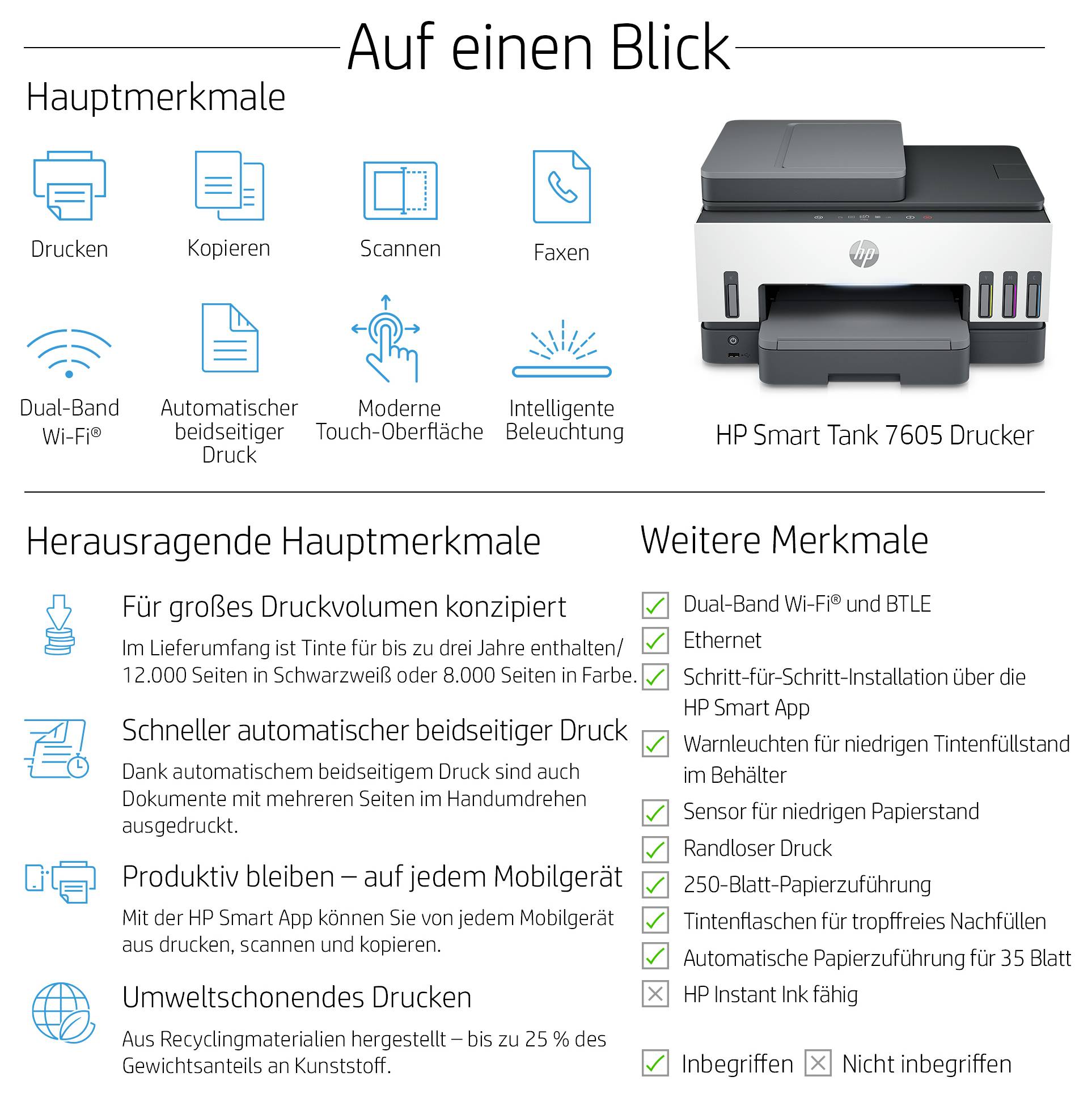 Infografika za HP Smart Tank 7605 pisač, prikazuje glavne funkcije: ispis, kopiranje, skeniranje, faks, Wi-Fi, dvostrani ispis, zaslon na dodir i osvjetljenje, plus navedene značajke poput velikog kapaciteta tinte i podrške mobilne aplikacije.